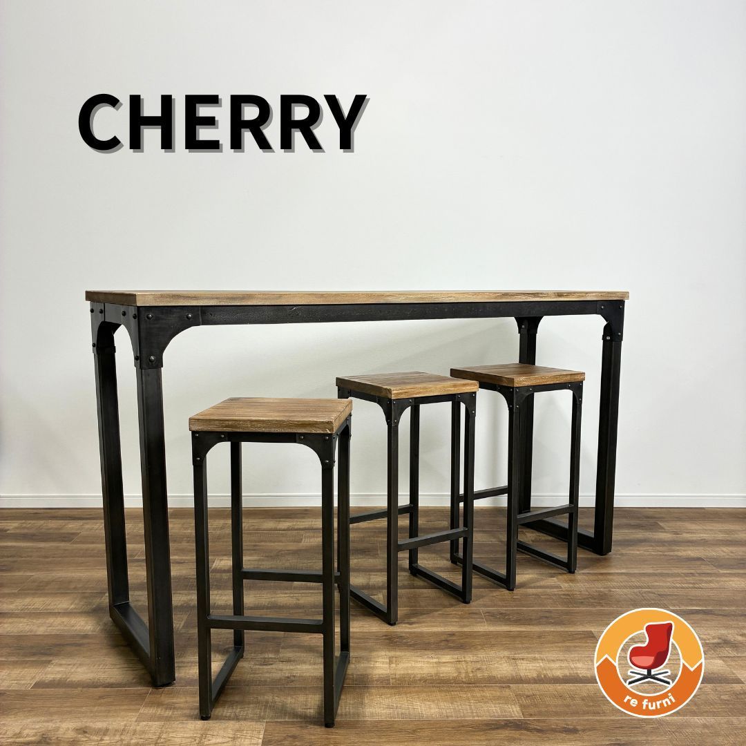 【引取限定 or 23区内限定配送】桜屋工業 CHERRY RESTAREA レスタレア シカゴ ハイテーブル＆ハイスツール セット ブラック×ブラウン チーク材 ヴィンテージ調塗装 カウンターテーブル カウンターチェア