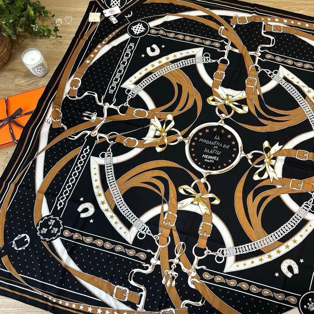 HERMESエルメス　カレジェアン140　朝の散歩バンダナ　カシシル　黒ノワール 新品 HERMESエルメス カレジェアン140 朝の散歩バンダナ カシシル 黒