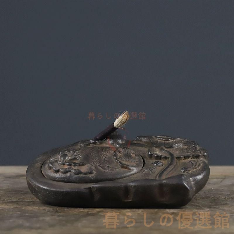 旧蔵　文房具　硯　希少老花梨木製・極彫刻　硯台 文房四宝 書道　置物　インテリア 彫刻入り】中国 硯 龍鳳凰文様 木箱付き 書道用品 墨 習字 文房四宝