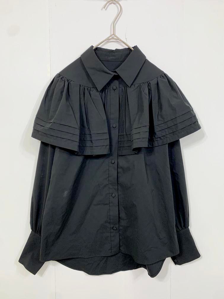 ■akiki アキキ パフスリーブ ロングカフス フリル ケープ ブラウス シャツ sizeF/黒 ■■◎レディース