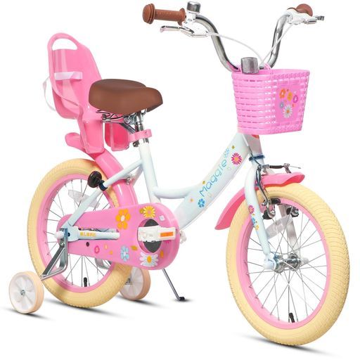 GlercMaggie子供用自転車女の子用キッズバイク幼児乗り練習花柄かご付き補助輪付きこども三輪ぬいぐるみ座席付きvブレーキ4~7歳16インチホワイトピンク