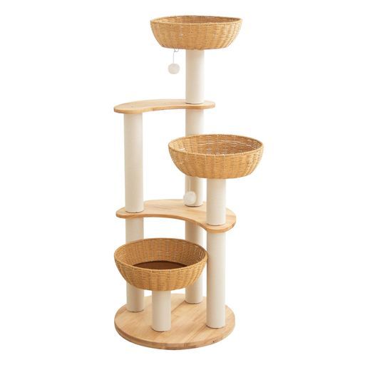 PETTIFULキャットタワー木製【天然木使用】据え置き大型猫おしゃれ丸型土台高さ133cmラバーウッド大型手編みカゴインテリア性多頭飼いスリム夏冬兼用省スペース面取りラタン風耐久性見…