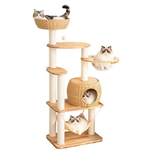 PETTIFULキャットタワー木製【天然木使用】大型据え置き大型猫シニア猫成猫子猫高さ144cmおしゃれ滑り止めマット付きラバーウッド手編みカゴインテリア性ラタン風多頭飼い猫ハウス広々…