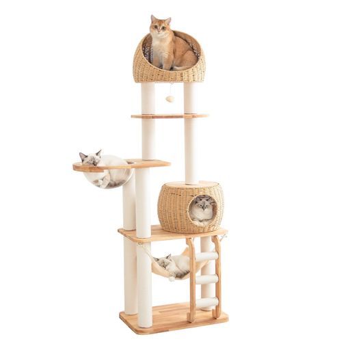 PETTIFULキャットタワー木製【天然木使用】据え置き大型猫おしゃれラバーウッド高さ176cm大型手編みカゴインテリア性高め多頭飼いスリム夏冬兼用省スペース面取りラタン風耐久性見晴台…