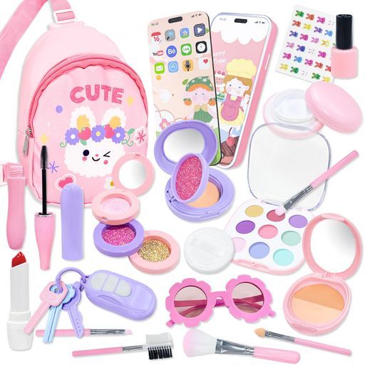 VBACALAおままごとメイクおもちゃ色が付けないお化粧セット女の子メイクアップミニドレッサースマホおもちゃ鍵アクセサリーウサギボディバッグ付き20PCSなりきりごっこ遊びクリスマスプ…