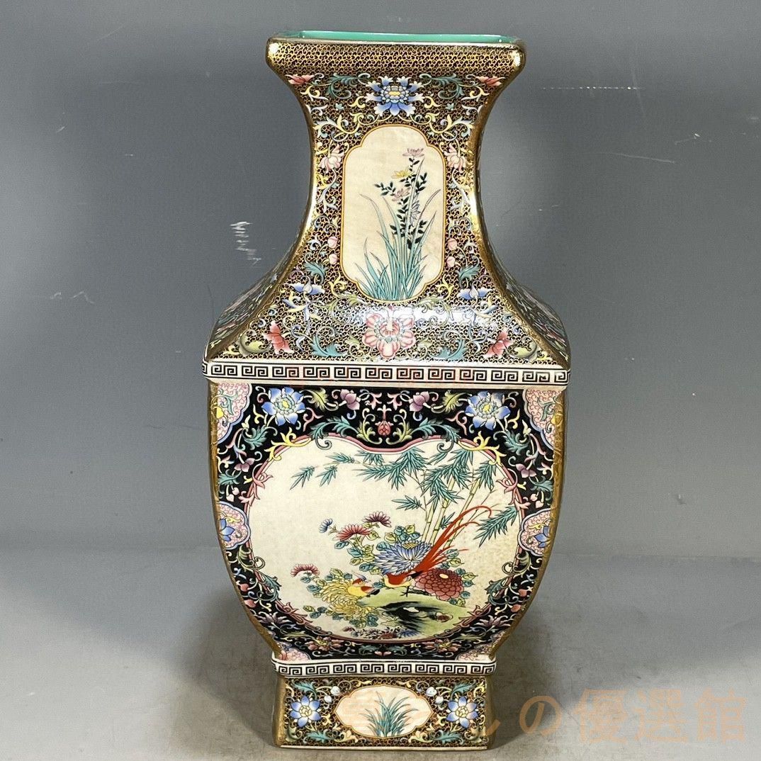 美術品・アンティーク・コレクション 清乾隆磁器藍地琺瑯彩花鳥紋四方
