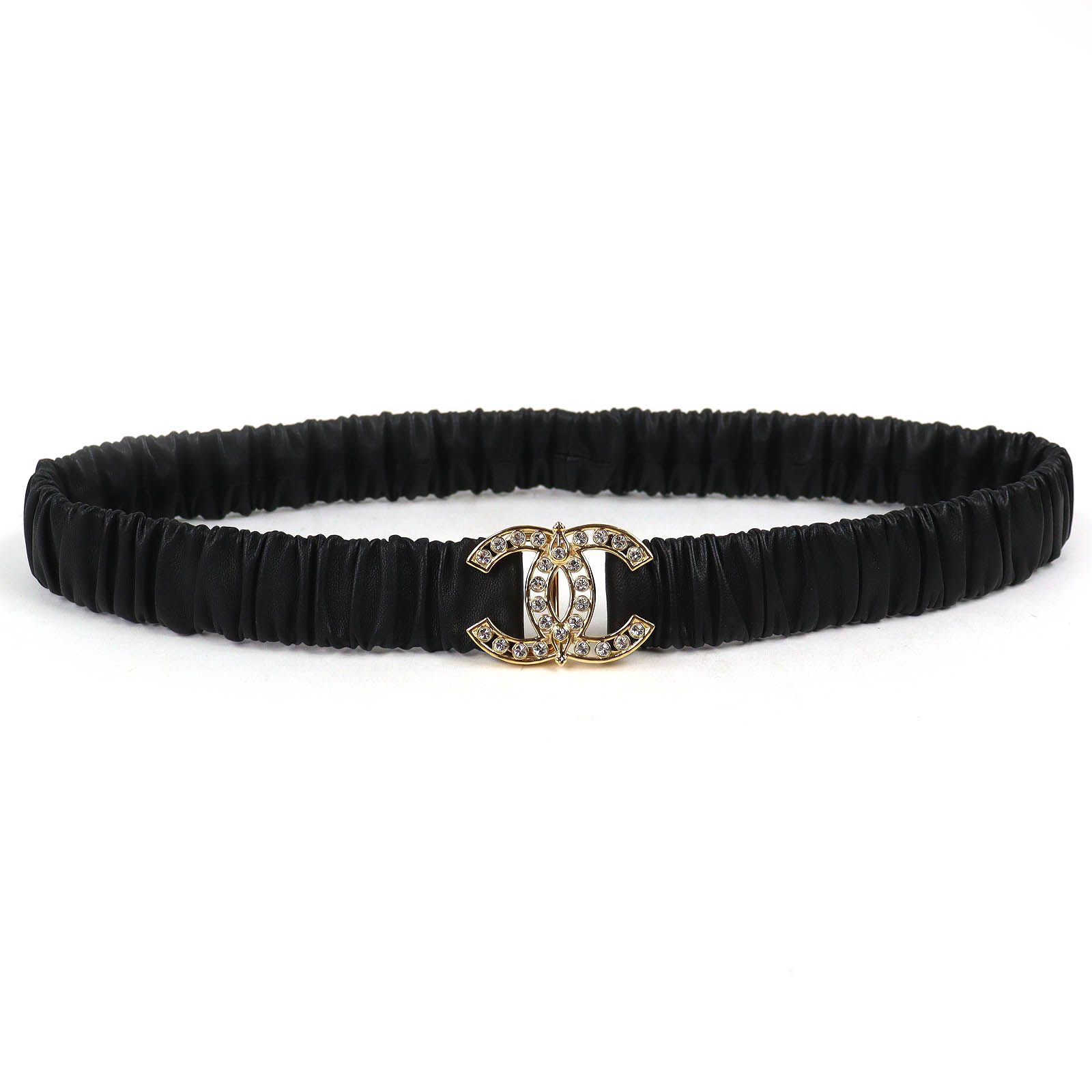 美品△CHANEL シャネル L23A ココマークラインストーンバックル レザー 