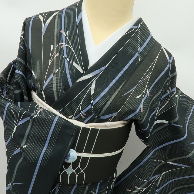 六花-RIKKA- 美品 洗える夏着物 誂えポリエステル 縦縞 トールサイズ 絽❀レッツ ダンス！❀小紋 着物 A5182-｜詳細画像