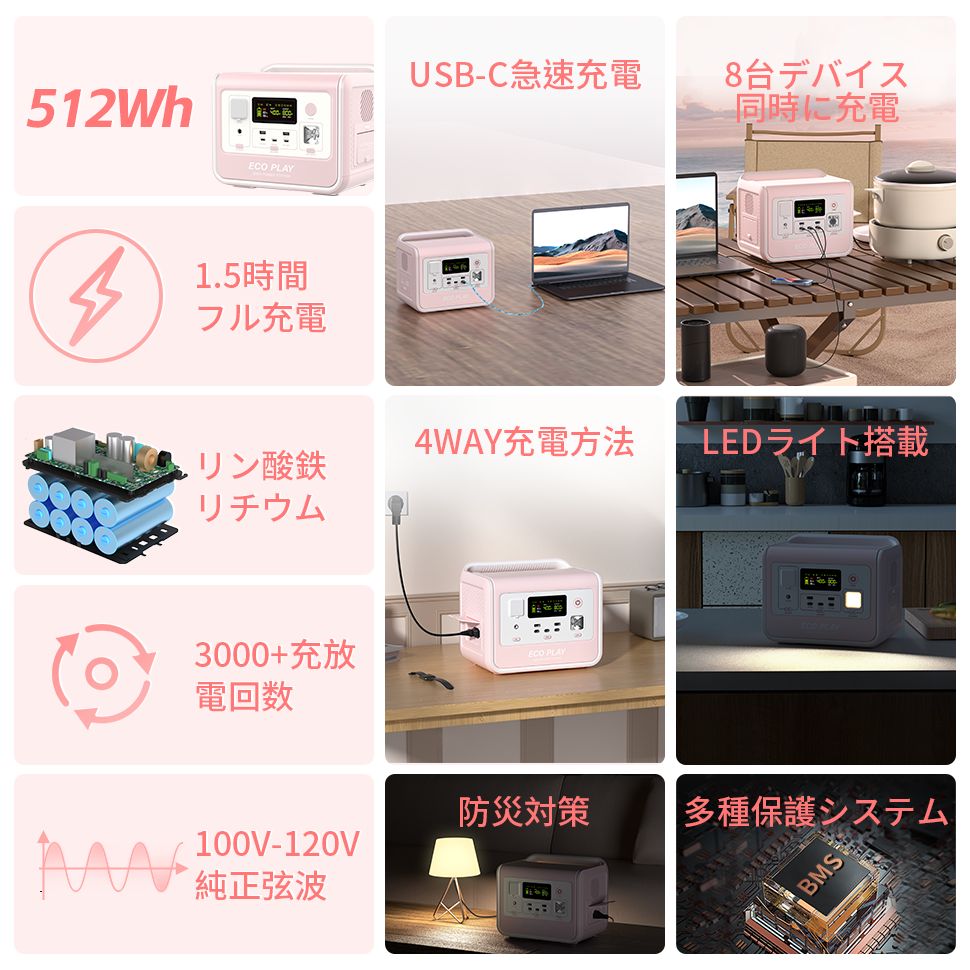 ECOPLAY ポータブル電源 EP800 800W 512Wh リン酸鉄 4000回サイクル