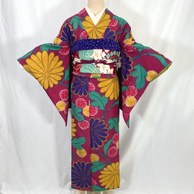 605aa17◇アンティーク着物 銘仙 カラフル花柄 菊 椿 カメリア レトロ
