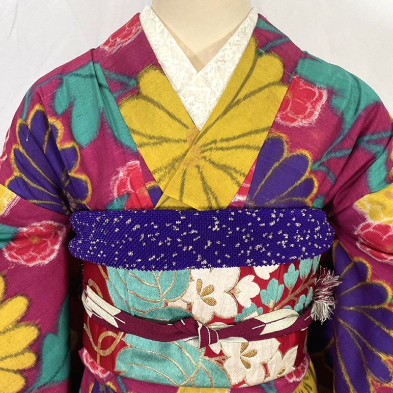 605aa17◇アンティーク着物 銘仙 カラフル花柄 菊 椿 カメリア レトロ