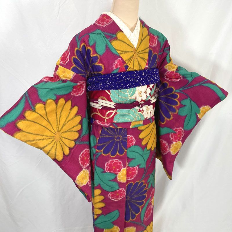 605aa17◇アンティーク着物 銘仙 カラフル花柄 菊 椿 カメリア レトロ