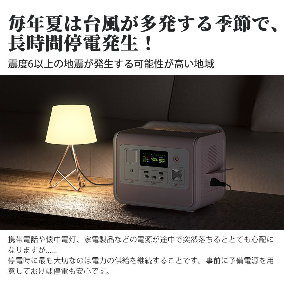 eco play EP800 ポータブル電源 リン酸鉄リチウム 512Wh AC 出力800W(瞬間最大1200W) 1.5時間満充電 Amazon.co.jp: EcoPlay EP800【業界トップの軽さ 6.5Kg】Eco Play