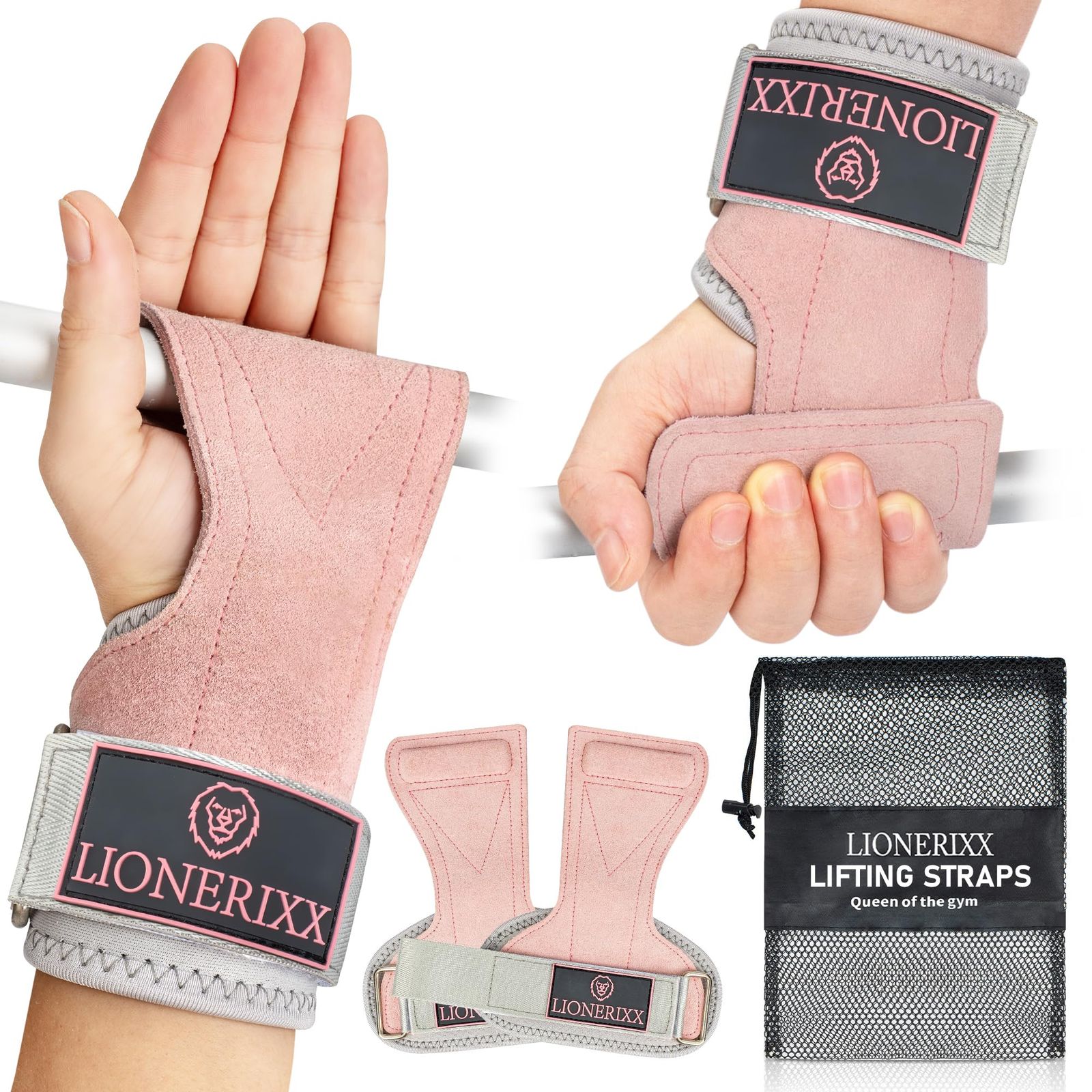 Lionerixx 女性用ピンクウェイトグリップ - ウエイトリフティング、デッドリフト、パワーリフト用のプロフェッショナルリストストラップ - パームガード&リフティンググリップ 収納バッグ付き 4,860円