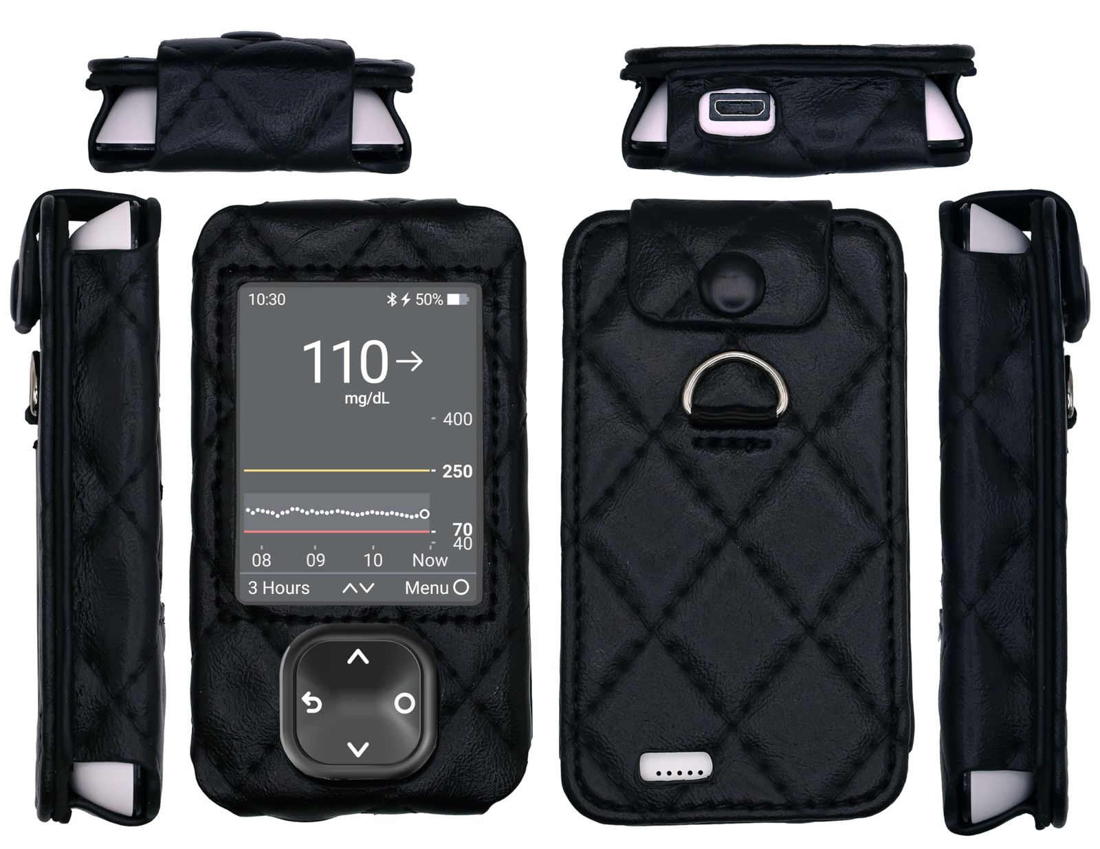SNK 格子縞 フィットレザーケース スクリーンプロテクター&ストラップ付き Dexcom G7 / G6レシーバー用 (ブラック) [ブラック]