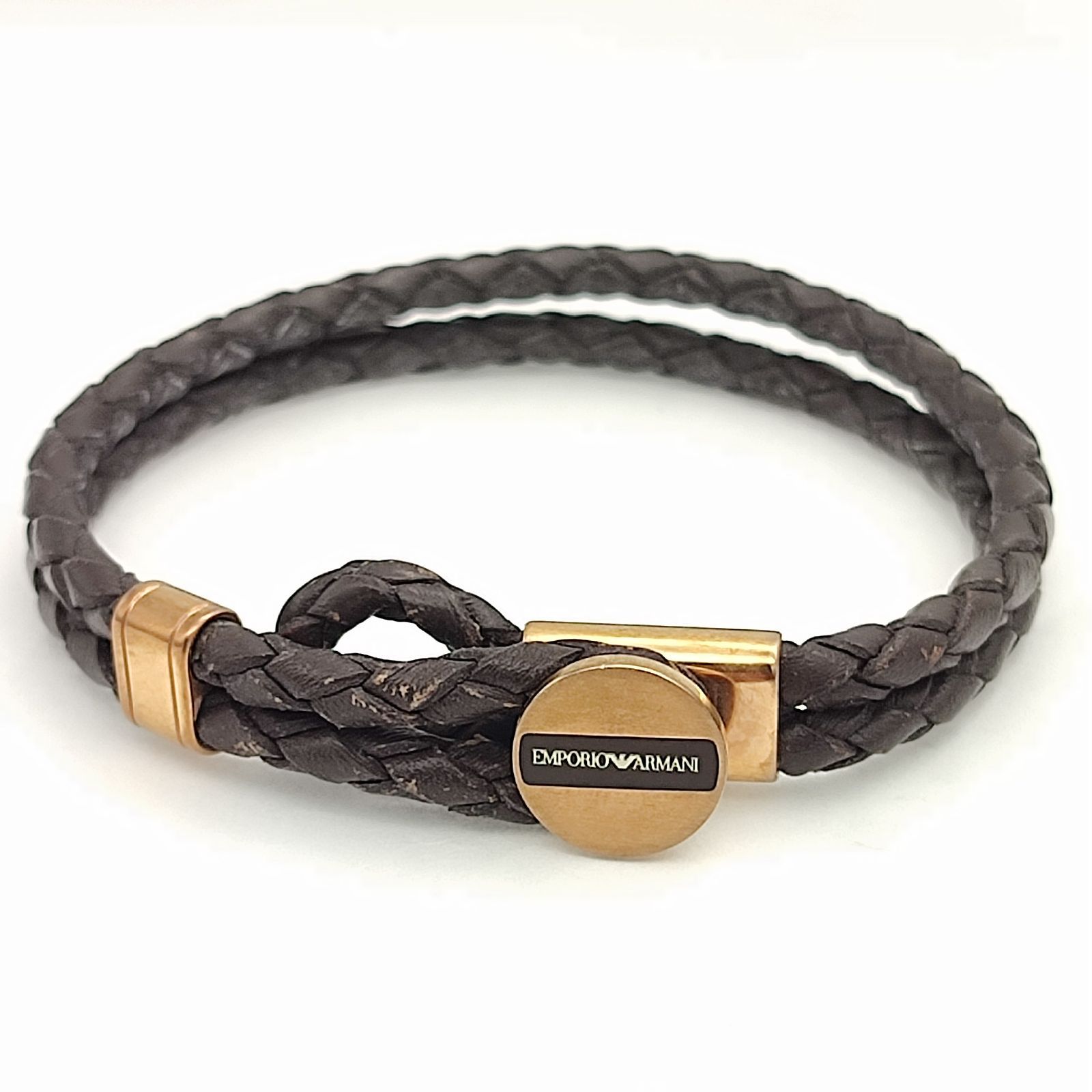 美品】エンポリオアルマーニ レザーブレスレット ステンレス ブラウン 