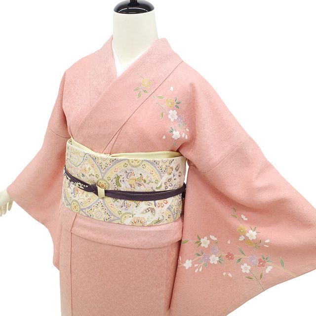 新古品】 訪問着 着物 手描き友禅 正絹 袷 落款 金彩加工 ピンク 四季