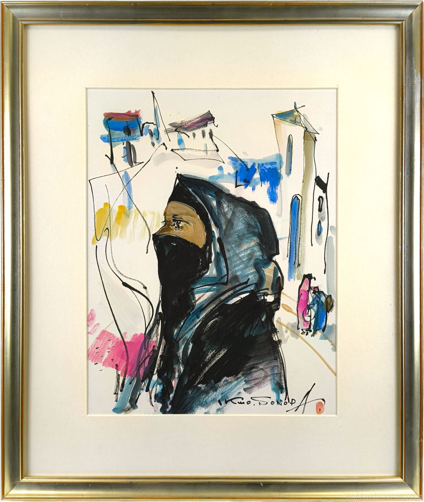 園田郁夫 「黒いヴェール」 水彩画 絵画