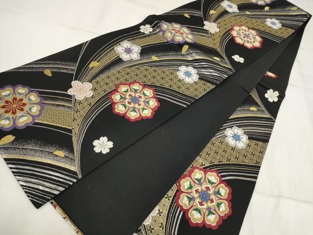 平和屋着物●極上　六通柄袋帯　花菱　黒地　金銀糸　逸品　DZAB2387kh6 平和屋着物▽六通柄袋帯 舞花文 黒地 金銀糸 正絹 逸品 AABI3473wj