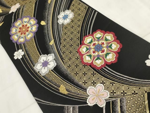 平和屋着物●全通柄袋帯　ふくれ織　横段花文　黒地　正絹　逸品　BAAW6736mz 平和屋着物◎六通柄袋帯 唐織 花籠文 黒地 金糸 正絹 逸品 CABF7082fb