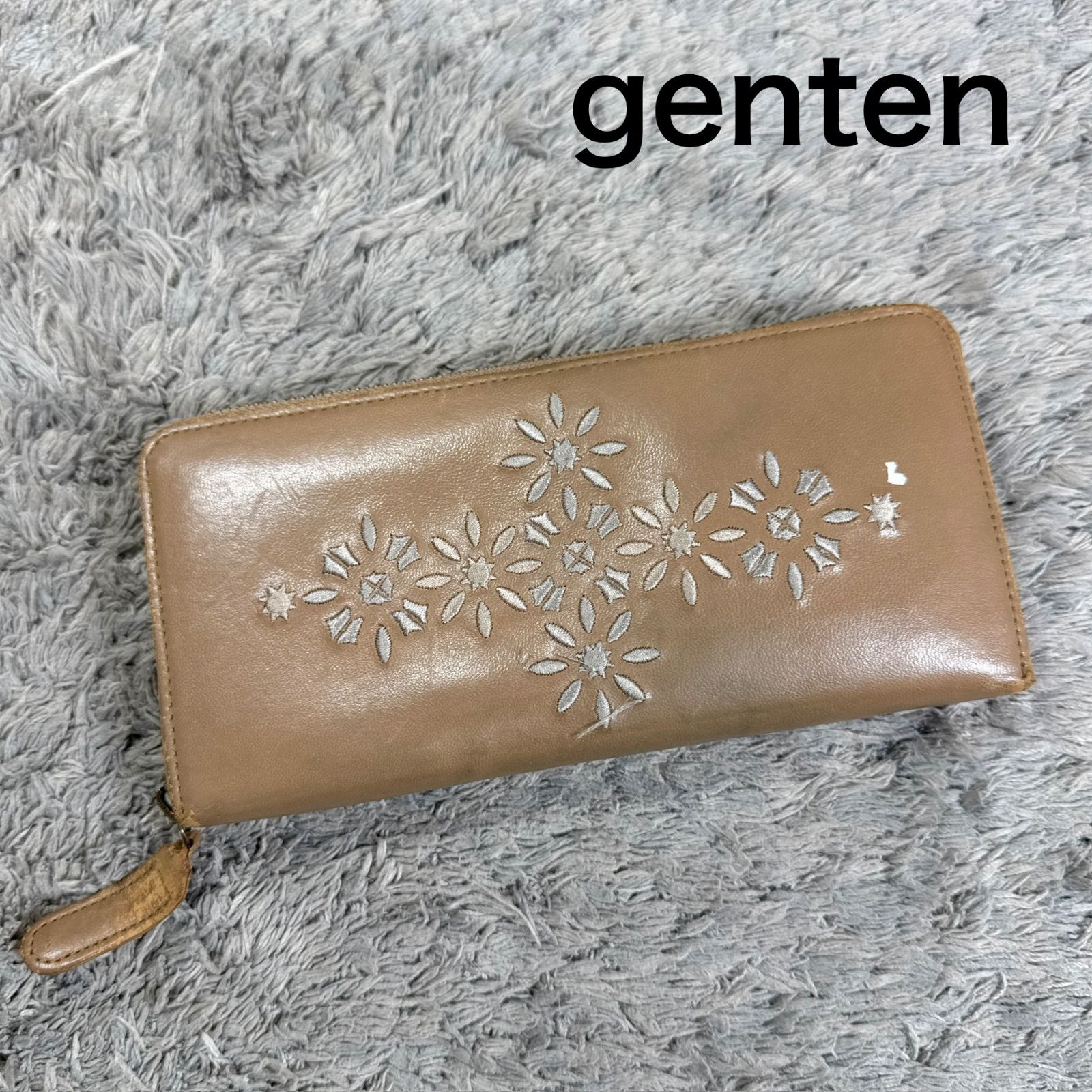 genten ゲンテン 長財布 レザー ラウンドファスナー 刺繍デザイン 