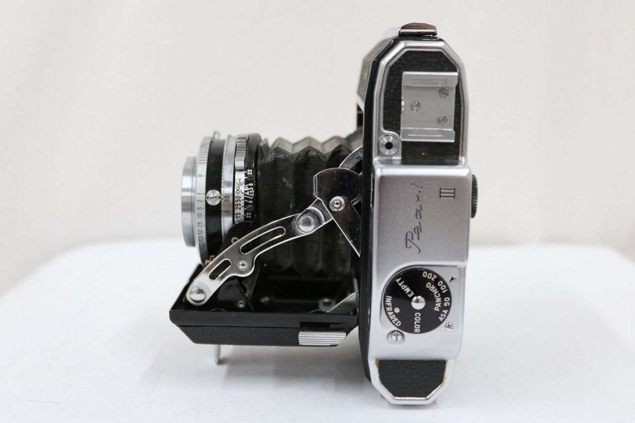 返品保証】 小西六 Pearl III Hexar 75mm F3.5 蛇腹カメラ e8689