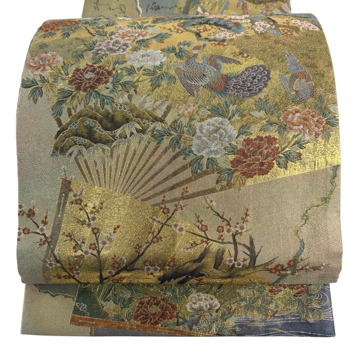 丸帯 名品 日本屏風絵大観 金糸 箔 灰茶 お太鼓柄 正絹 【中古】