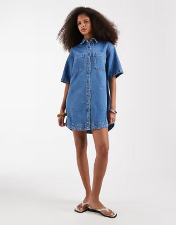 エイソス レディース トップス ワンピース シャツ デニム ASOS DESIGN denim boxy shirt dress with pocket detail in mid BLUE ブルー