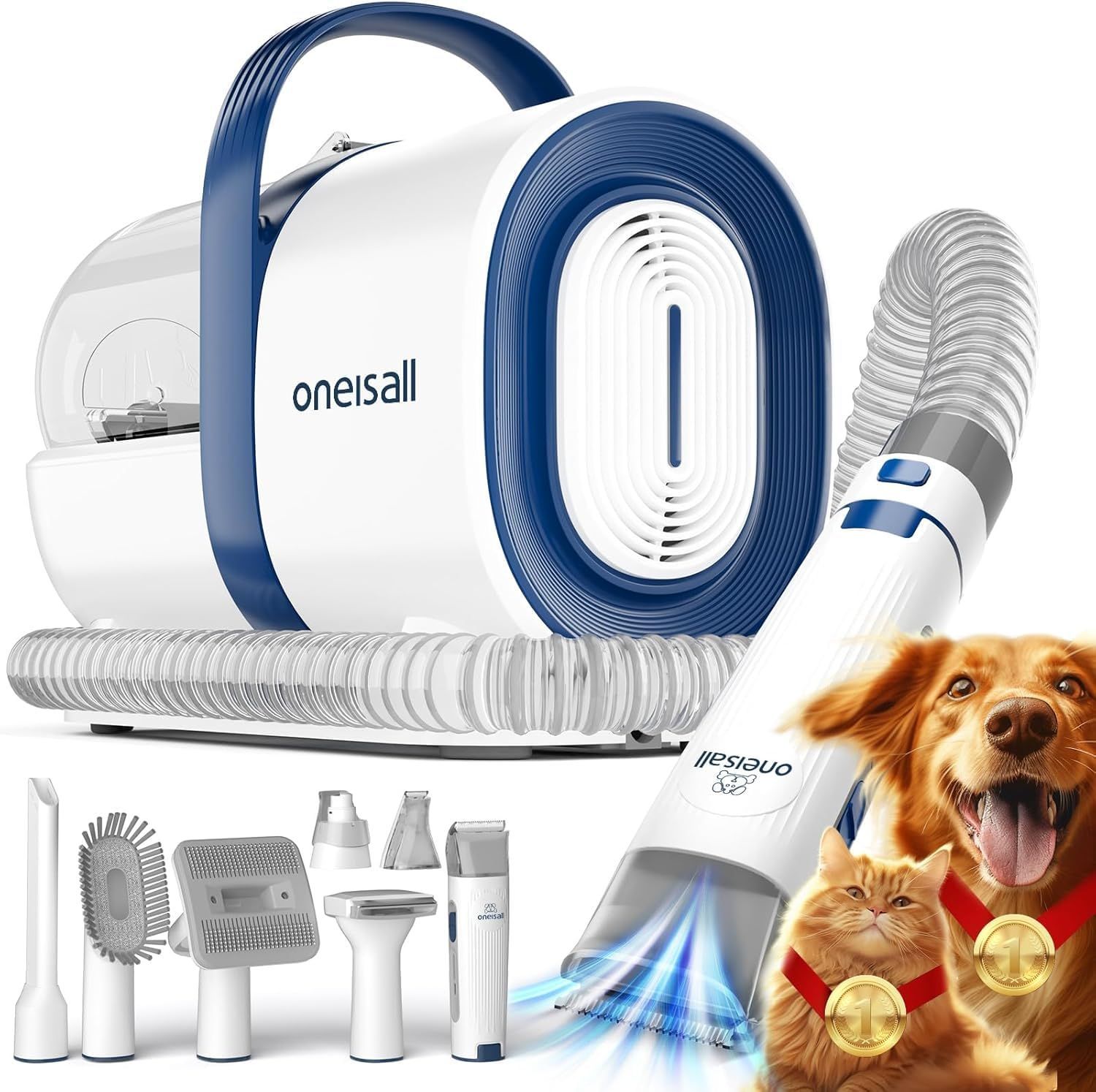<MP>【ブラシと掃除機一体型】Oneisall 犬 バリカン 吸引式 7 in 1 多機能 犬 猫美容器/ペット用掃除機（blue）