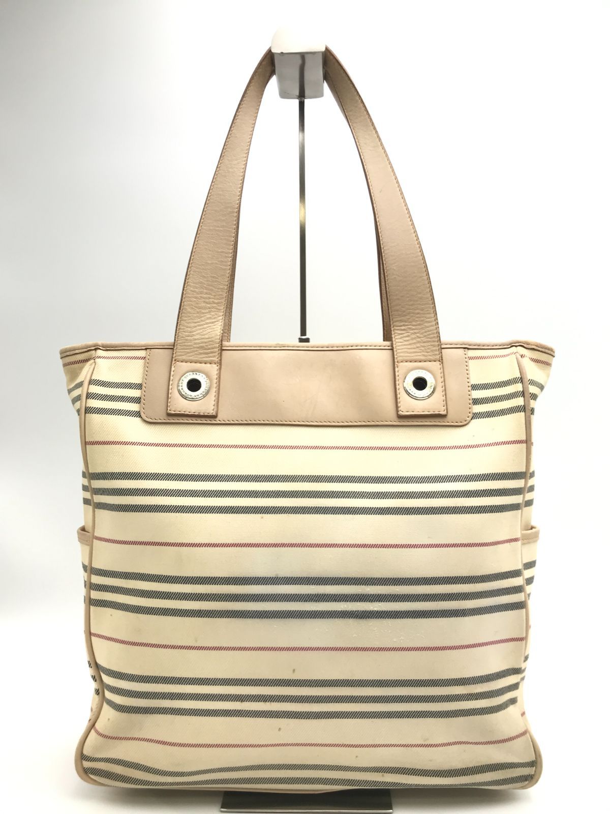 BURBERRYバーバリーベージュ系ボーダー柄キャンバスレザートートバッグ