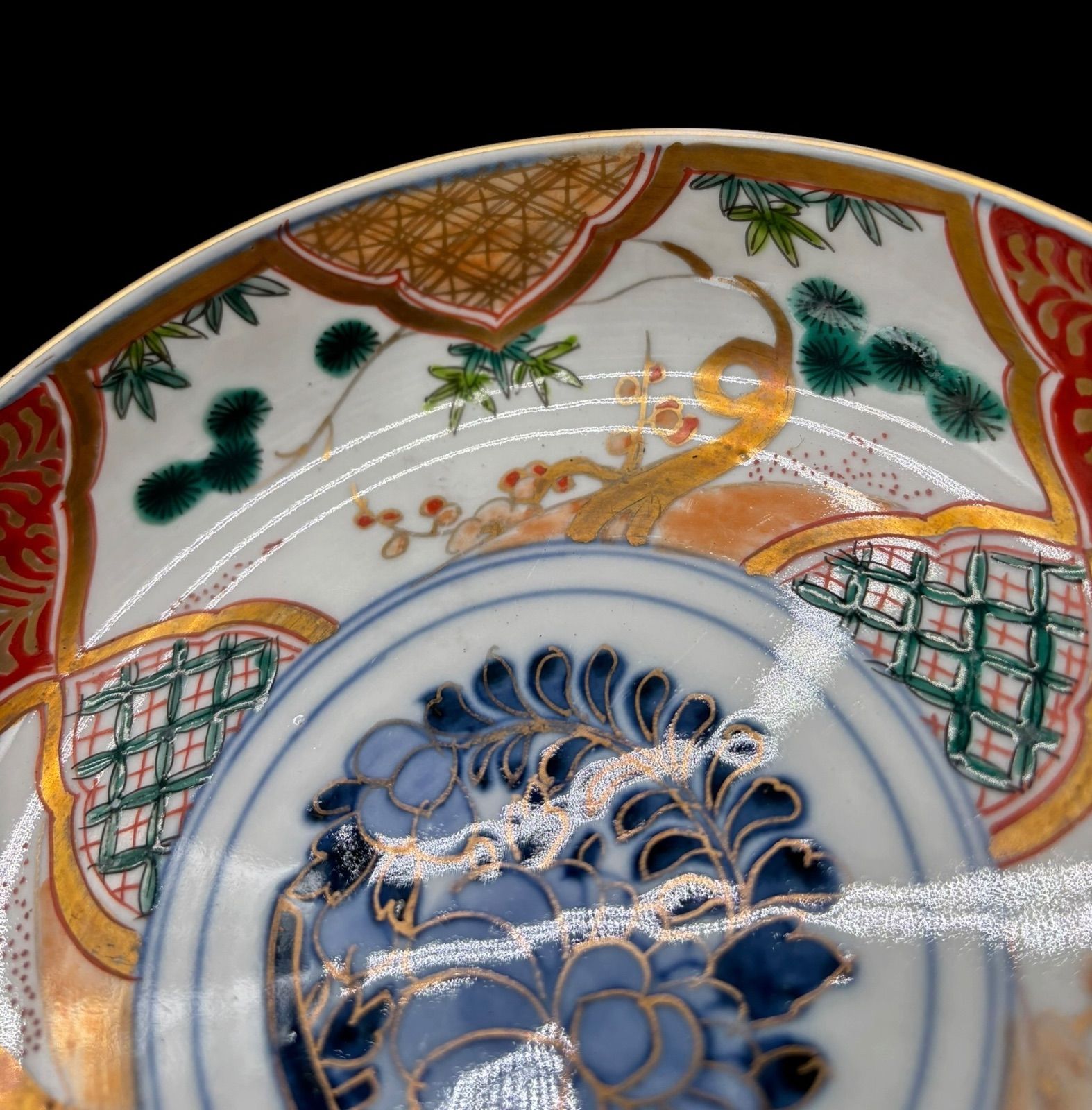 4客セット】古伊万里 金襴手 赤絵 松竹梅文図 なます皿 金彩 色絵 丸皿