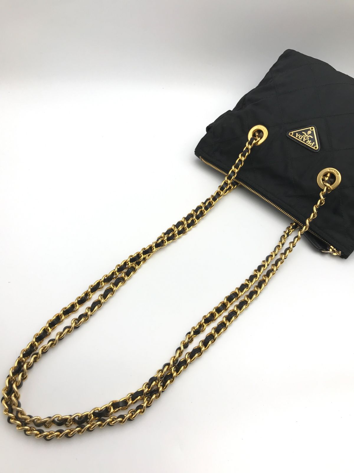 PRADA プラダ ショルダーバッグ トートバッグ ワンショルダー 肩掛け テスートナイロン キルティング ゴールドチェーン 三角ロゴプレート 白タグ PRADA（プラダ） 極 美品 三角ロゴ プレート 金具 テスート ナイロン
