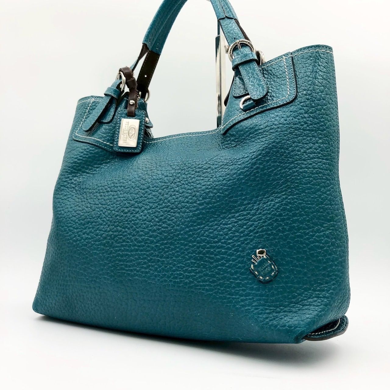 PELLE BORSA ペレボルサ レザー トートバッグ ハンドバッグ 青緑 シボ 