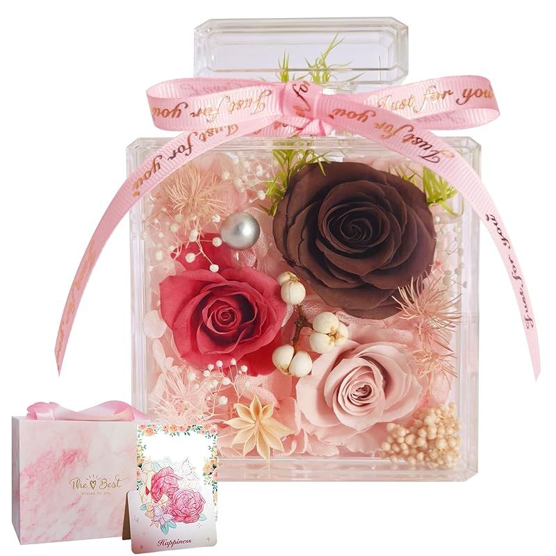 プリザーブドフラワー プレゼント 母の日ギフト 花 女性 誕生日 ブリザードフラワー お祝い バラ 枯れない花 結婚祝い 3輪の薔薇 香水ボトル調 フラワーギフト 記念日 カード＆手提げボックス付き チョコレートとピンクのバラ 0