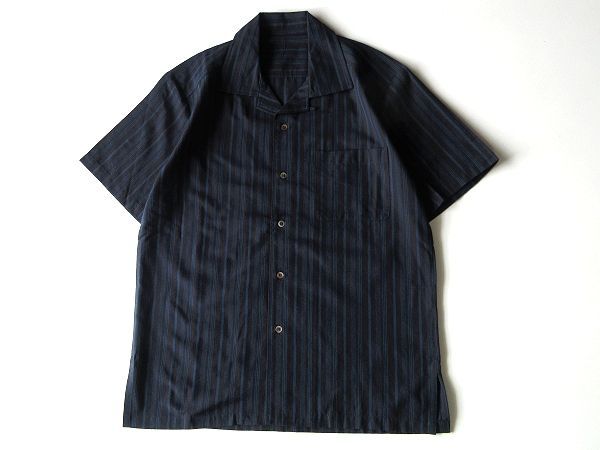 新品 大峡健市(人間国宝 柳悦孝さんの弟子) 柳式 綿絹ポーラ織 半袖上衣 ストライプ コットンシルク 開襟シャツ M 黒 藍色 新品 未使用 大峡健市(人間国宝 柳悦孝さんの弟子) 柳式 綿絹ポーラ
