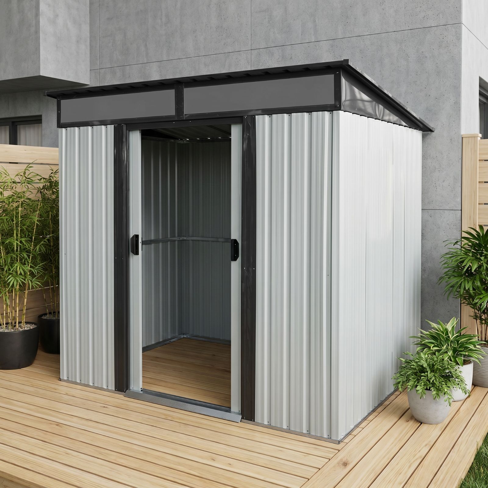 【1000円クーポン配布中】物置 屋外 大型 スチール収納庫 幅195×奥行150×高さ180cm 引き戸 両開き 換気口付き 防さび加工 ベランダ 庭 ガーデニング収納 屋外倉庫 DIY組立 収納小屋　グレーホワイト・タイプA