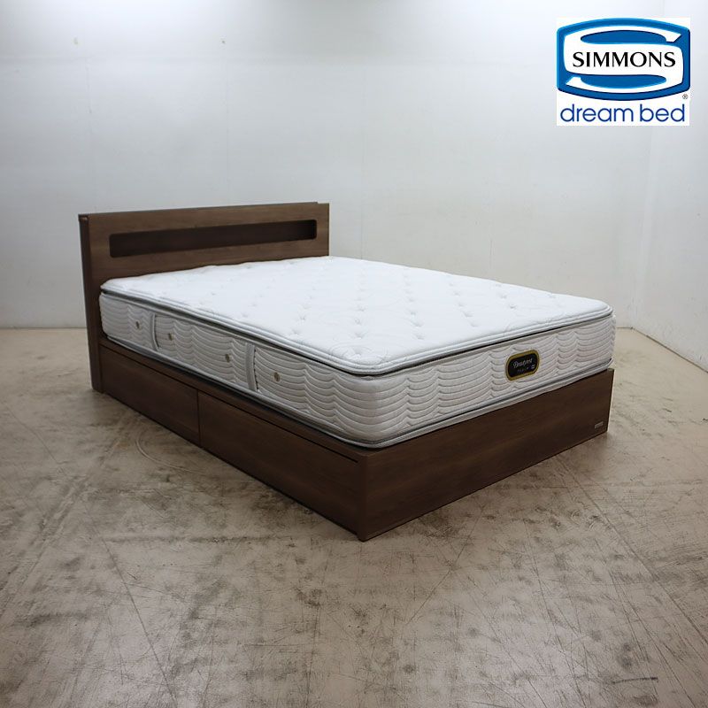 展示品◆ Simmons×dream bed シモンズ ビューティレスト プレミアム ニューフィット ピロートップ クイーンベッド 引出/照明付 48万