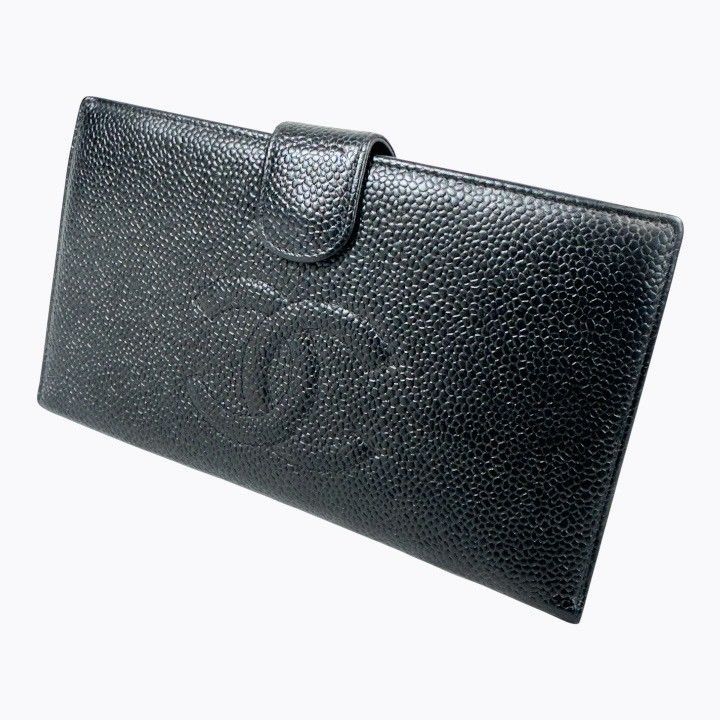 CHANEL シャネル キャビアスキン 二つ折り長財布 がま口財布 ブラック