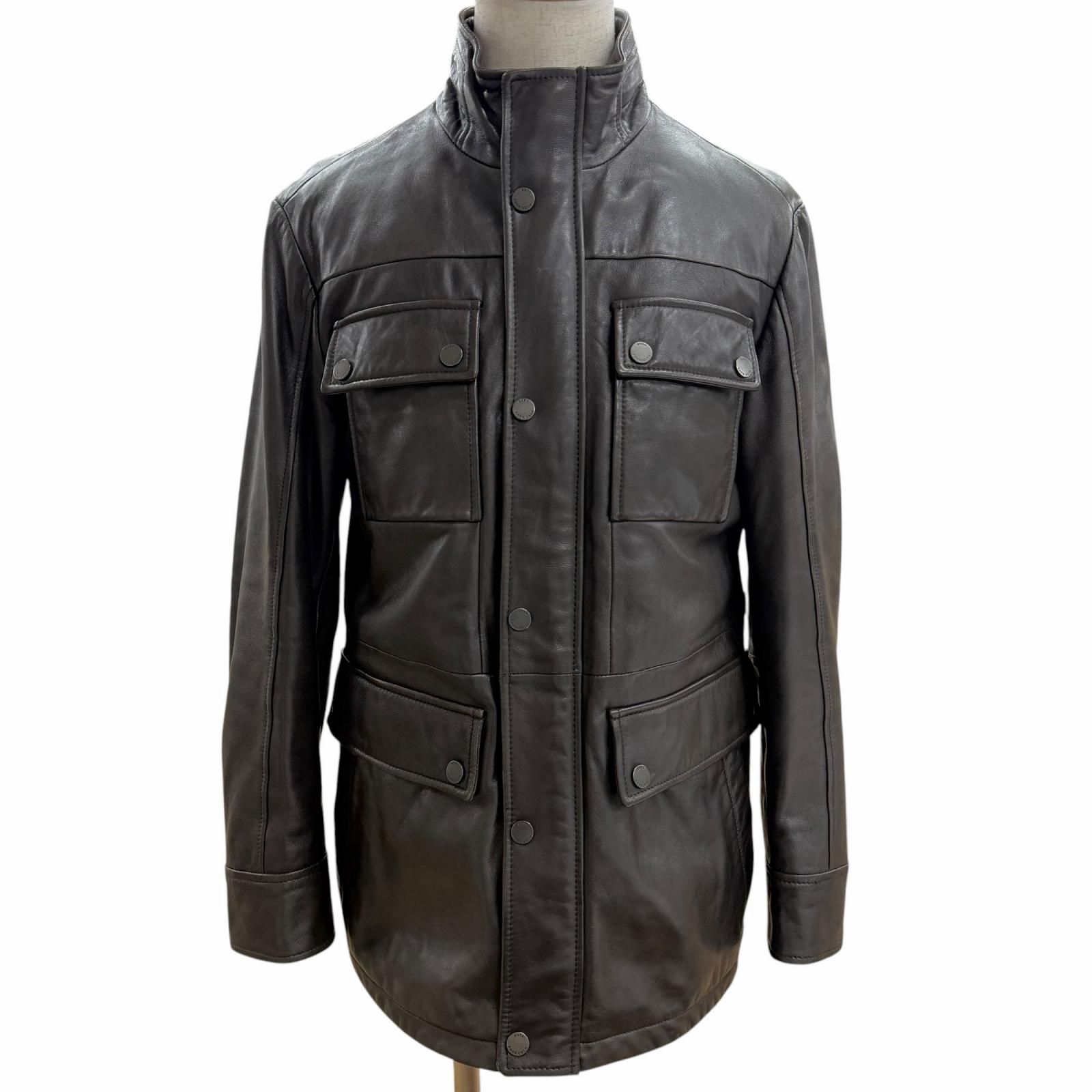 良品□HUGO BOSS ヒューゴボス ラムレザー ポリエステル ライダース 