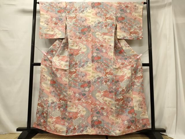 ◾️はんなり桜色◾️ 吉祥花文の上品なお着物/小紋金彩鬼しぼ縮緬正絹 平和屋着物□上質な小紋 吉祥草花文 金彩 鬼しぼ縮緬 正絹 逸品