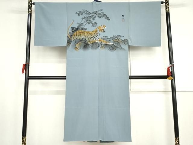 平和屋着物●男性 長襦袢 袷 手描き 虎 金彩 正絹 逸品 AABH8986cs