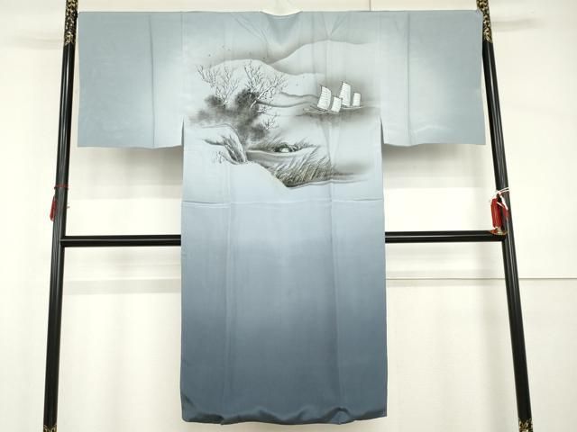 平和屋着物○男性 長襦袢 袷 手描き 帆掛け船 暈し染め 正絹 逸品