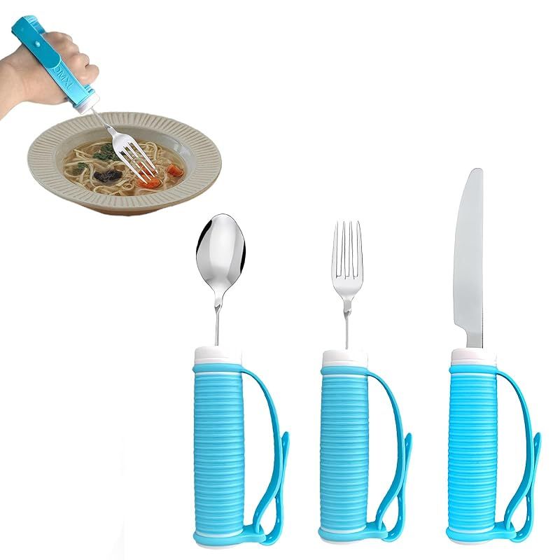 【新品】 DEEYOTA 食器 高齢者用 自助サポートスプーン 食用補助具 食事補助フォーク スプーン 介護用 りやすい お年寄り 日常用 障害者用 介護用品 食事補助ツール ブルー3点セット 1