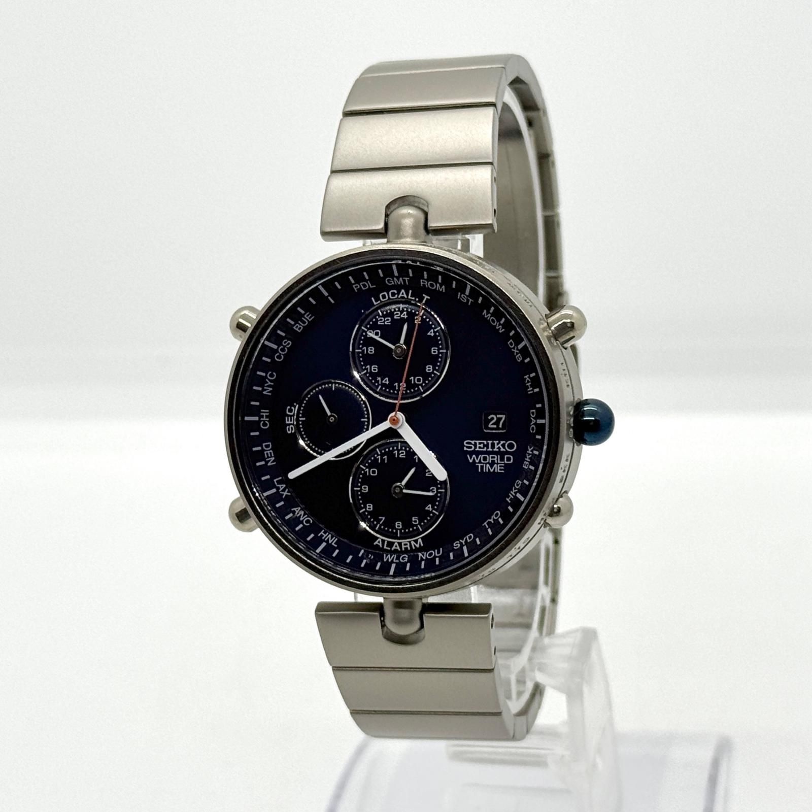 SEIKO セイコー チタン ワールドタイム 5T52-0020 ネイビー QZ メンズ 