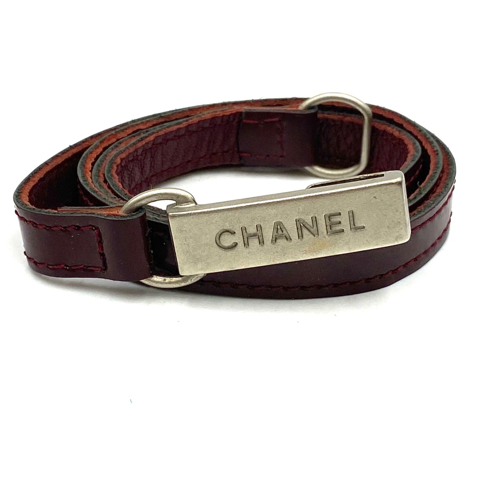 CHANEL シャネル ベルト レザー ロゴバックル シルバー ボルドー系 