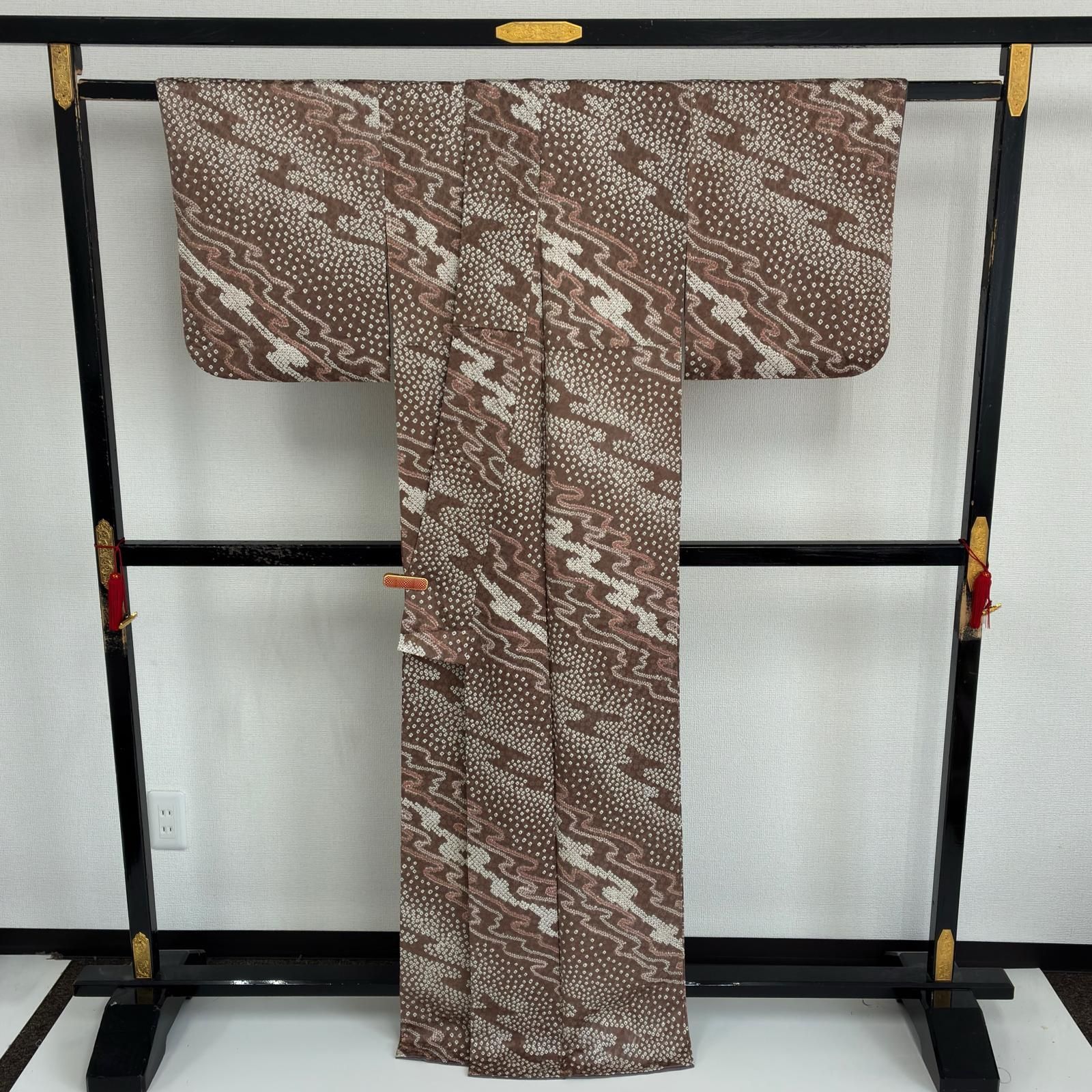 「縁」145ｃｍ～152ｃｍ 単衣 一越地 絞り柄 小紋 正絹 Ｕ９７２ 縁」150cm～156cm 一越地 間道柄 小紋 正絹 C917 【公式通販】