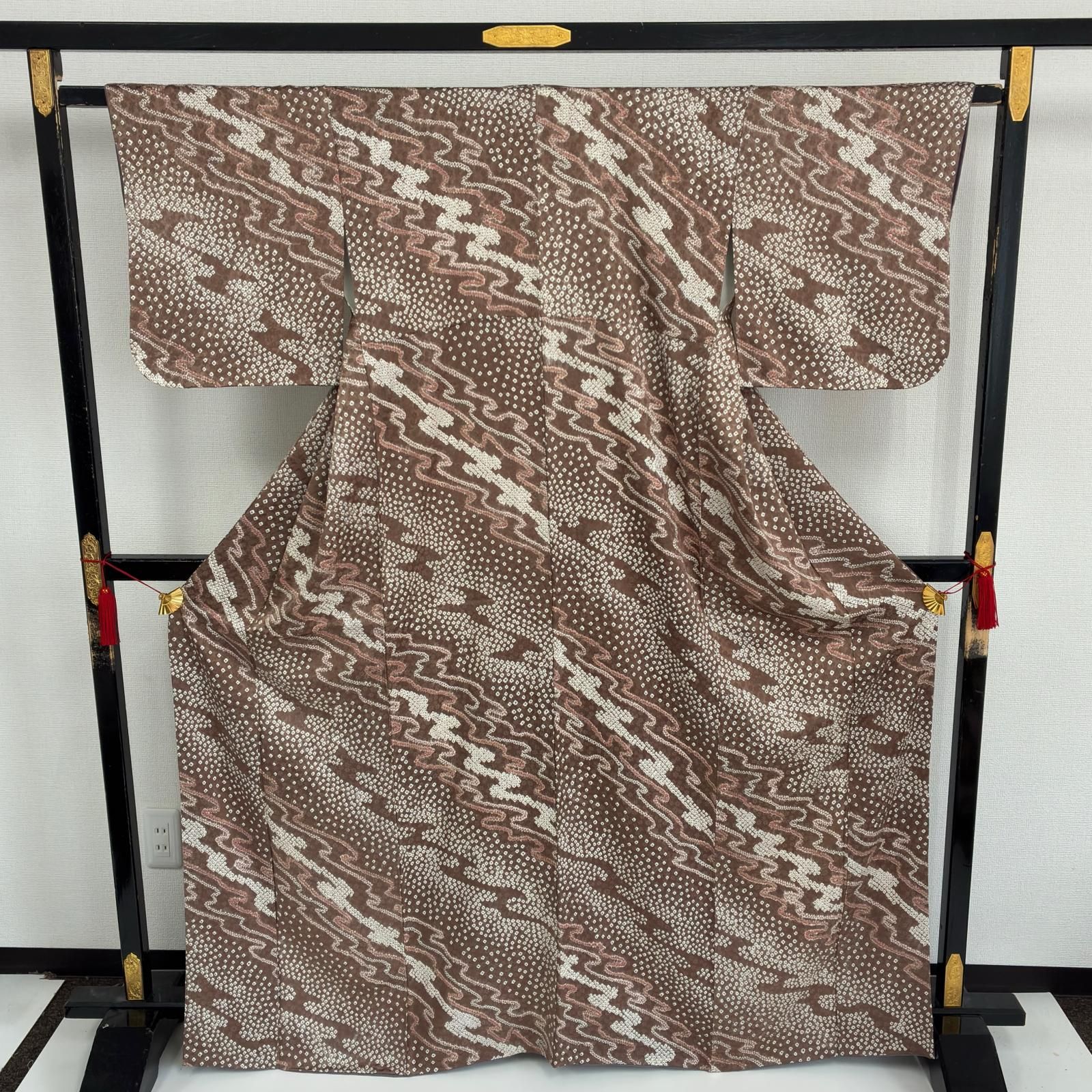 「縁」145ｃｍ～152ｃｍ 単衣 一越地 絞り柄 小紋 正絹 Ｕ９７２ 縁」150cm～156cm 一越地 間道柄 小紋 正絹 C917 【公式通販】