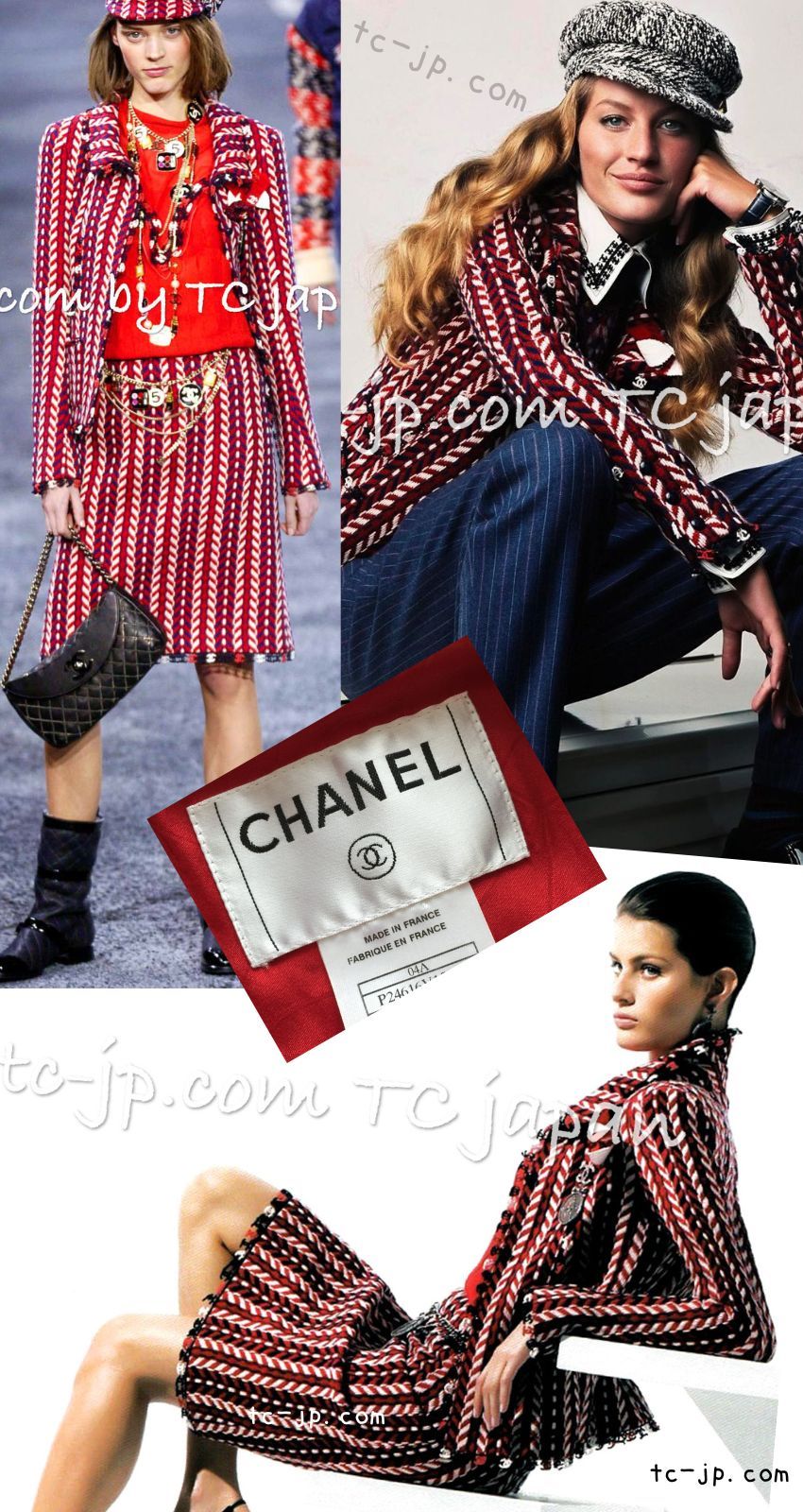 シャネル スーツ CHANEL レッドネイビー トリコロール ウール ツイード ジャケット スカート カメリアブローチ付 ココマーク カール・ラガーフェルド 超美品 34 CHANEL - シャネル スーツ CHANEL レッドネイビー トリコロール ウール