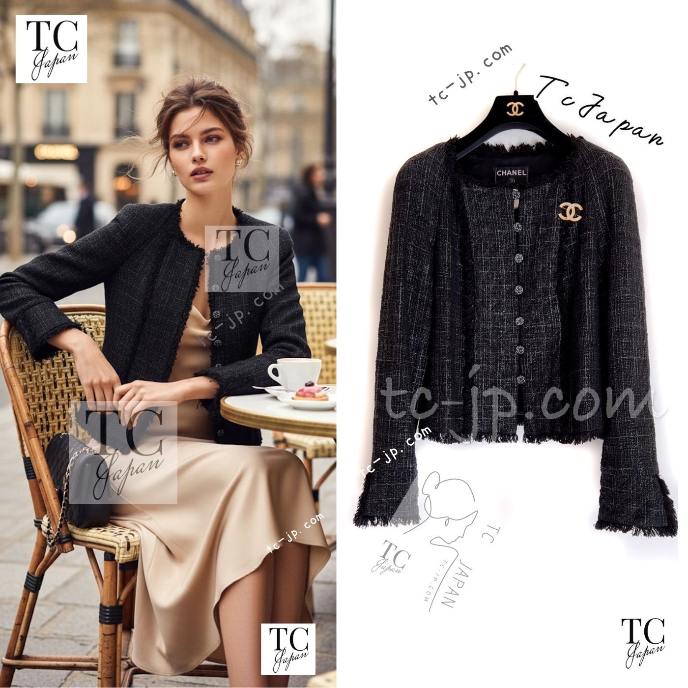 シャネル ジャケット CHANEL ブラック グレー フリンジトリム ツイード 