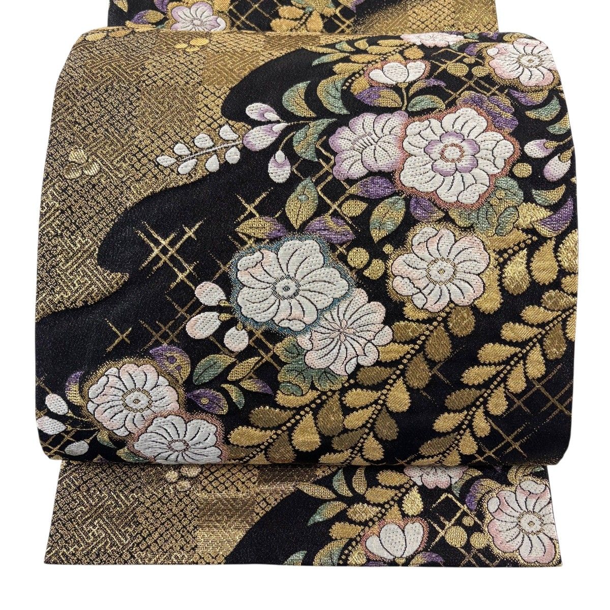 袋帯 秀品 六通 箔 正絹 美品 金糸 黒 中古 桜 草花 金銀糸 やまと K50
